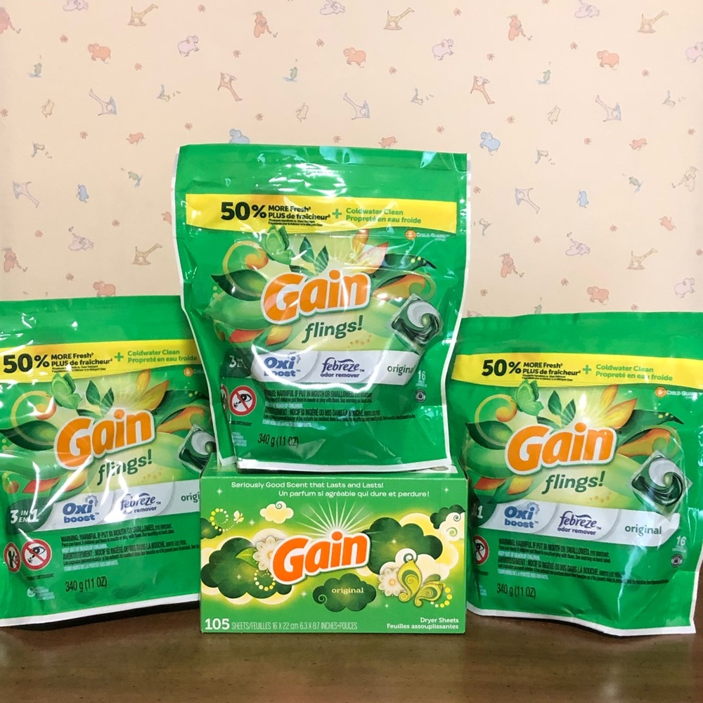 3 Gain Flings Laundry Detergent Pods and 1 Dryer Sheets